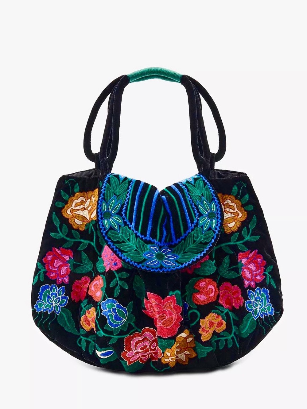 Zara Embroidered Floral Velvet Tote Bag - Black & Multicolor
